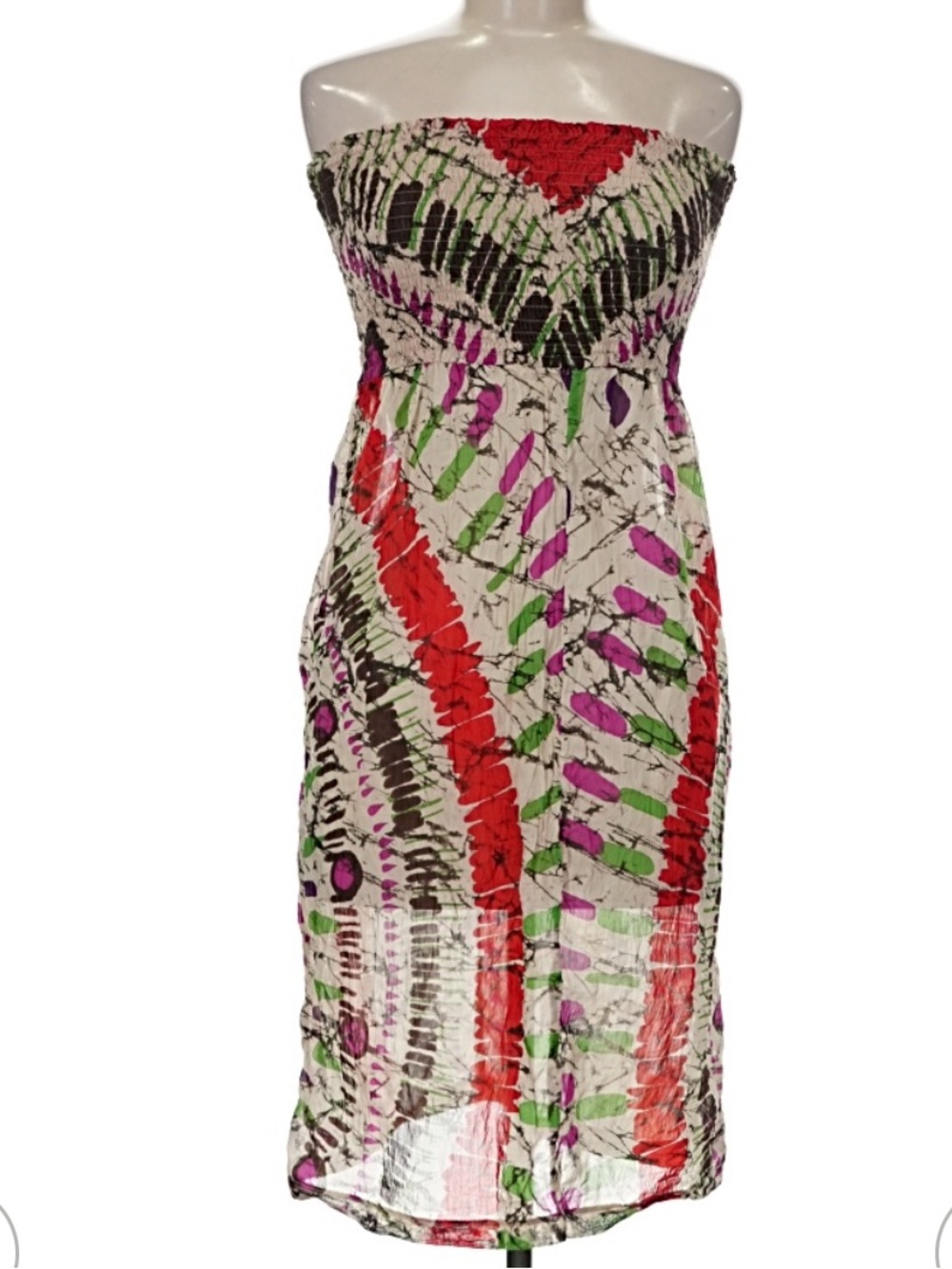 LA PERLA SILK DRESS SMOCKED RED BROWN CREAM BOHO SLEEVELESS SHEER COVERUP 44